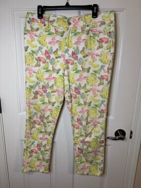 Talbots Heritage Slim Crop Yellow Pink Butterflies Summer Vacation Jeans 12/31